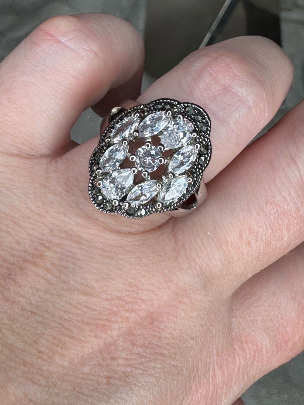 Cocktail Ring Crystal & Marcasites Size 9